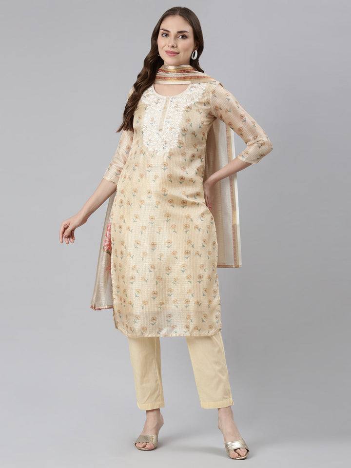 Neerus Beige Regular Straight Printed Kurta and Trousers With Dupatta