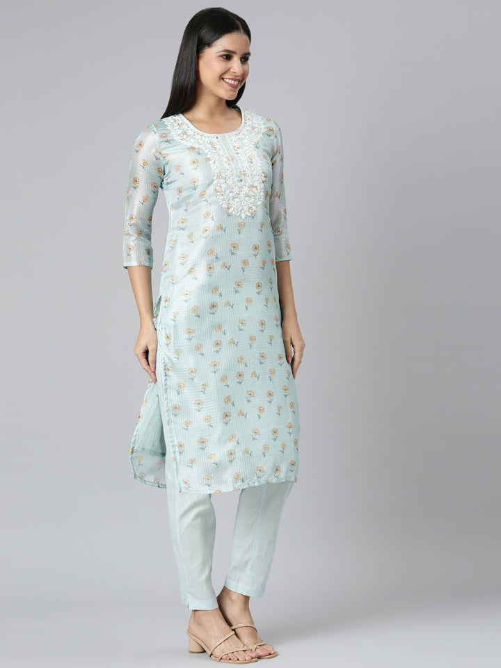 Neerus Green Regular Straight Printed Kurta and Trousers With Dupatta
