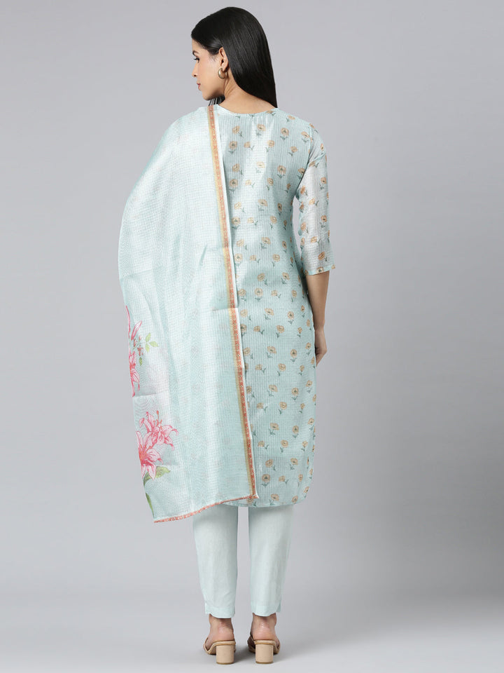 Neerus Green Regular Straight Printed Kurta and Trousers With Dupatta