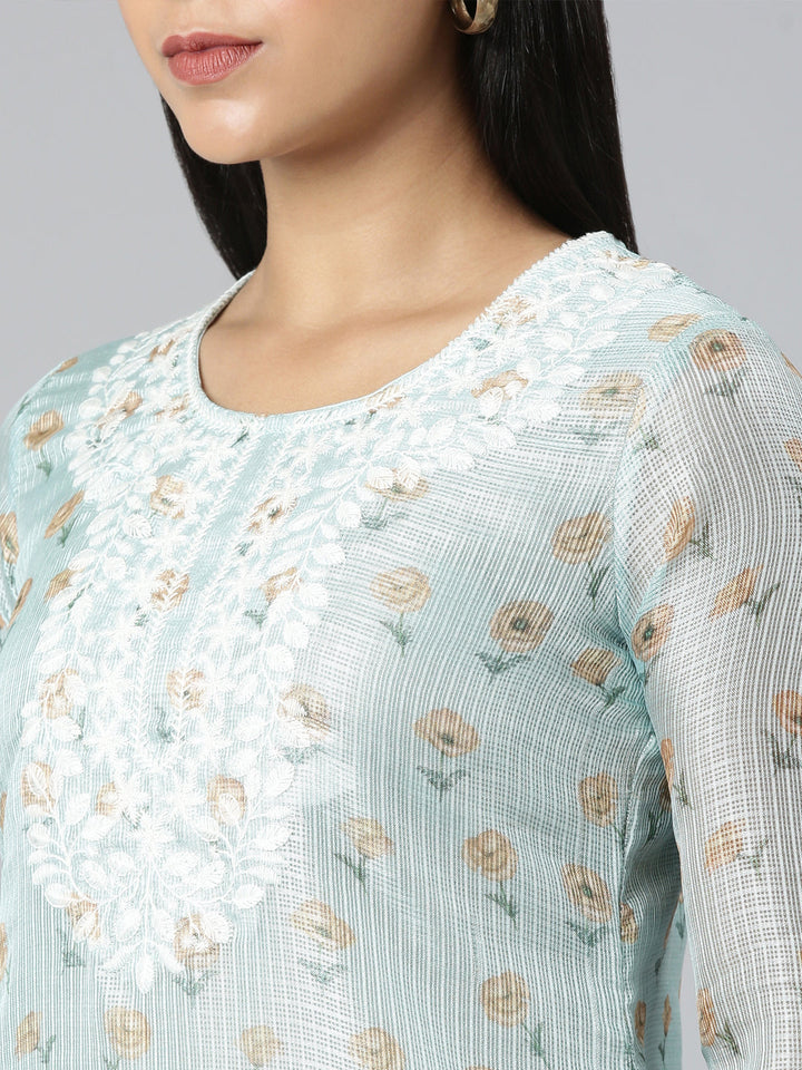 Neerus Green Regular Straight Printed Kurta and Trousers With Dupatta