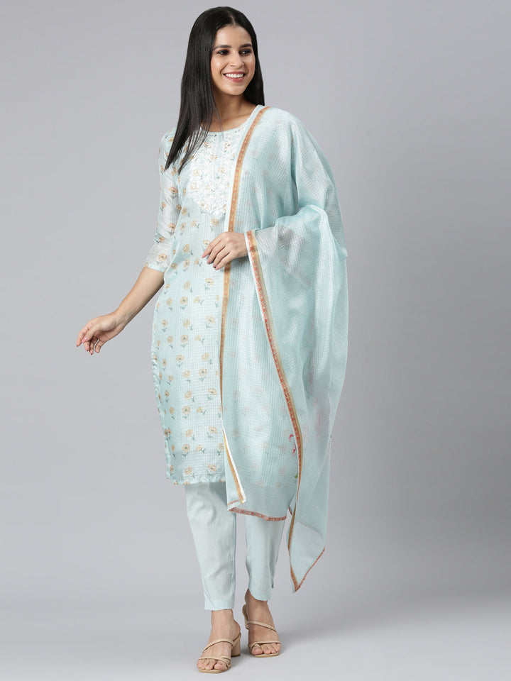 Neerus Green Regular Straight Printed Kurta and Trousers With Dupatta