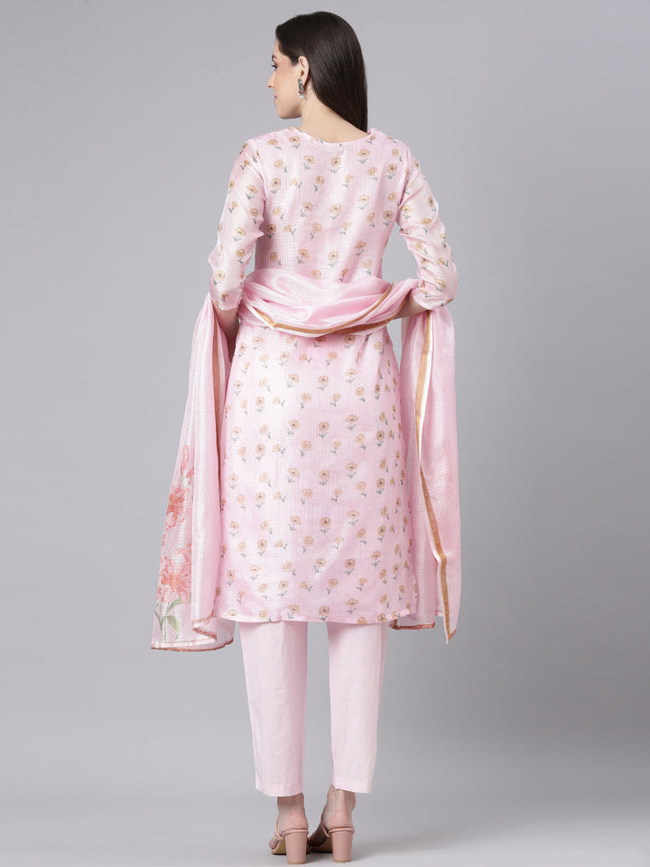 Neerus Pink Printed Straight Kurta and Trousers With Dupatta