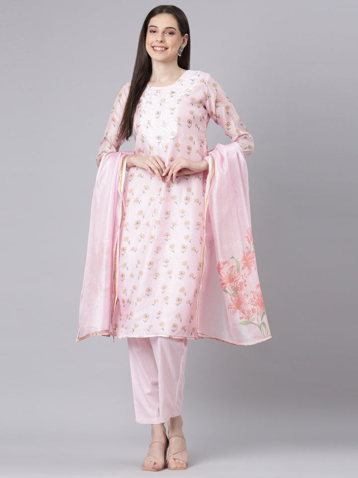 Neerus Pink Printed Straight Kurta and Trousers With Dupatta