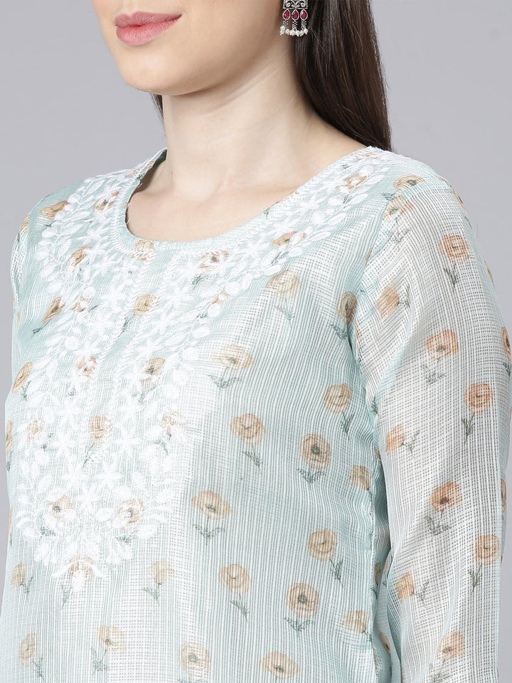 Neerus Lime Green Printed Straight Kurta and Trousers With Dupatta