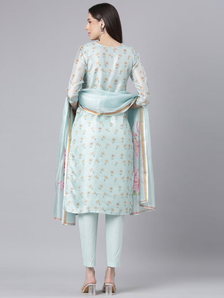 Neerus Lime Green Printed Straight Kurta and Trousers With Dupatta