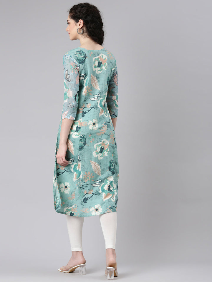 Neerus Blue cotton printed floral kurta - side view