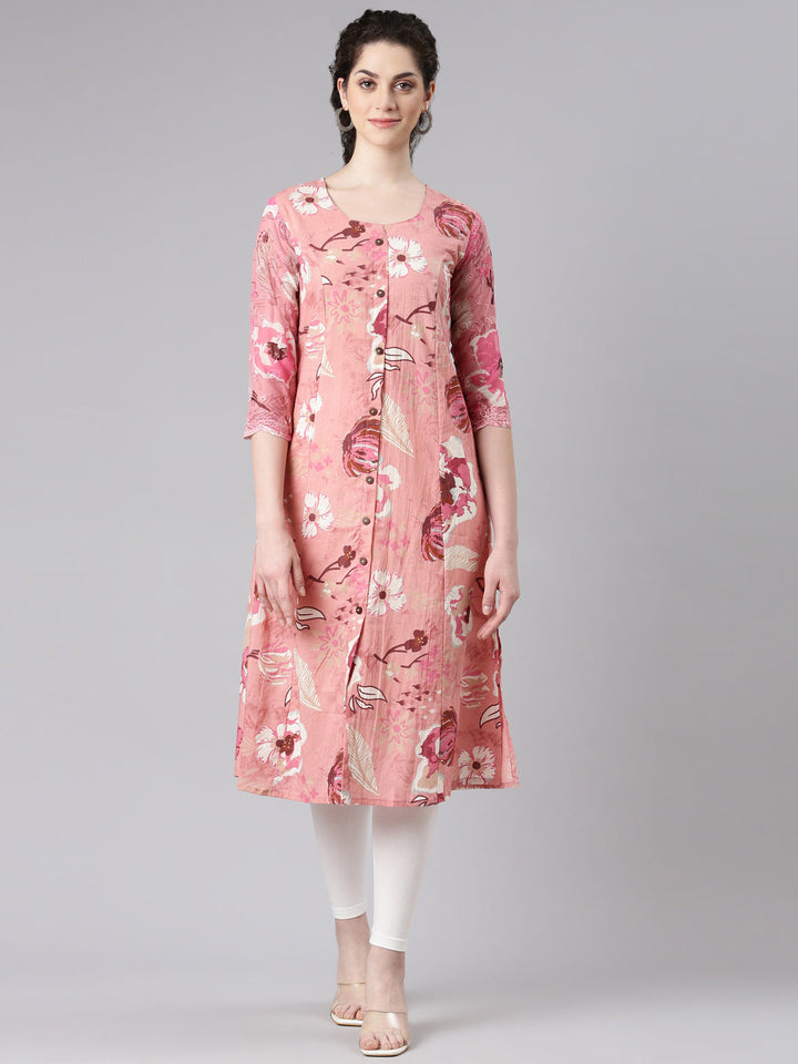 Neerus Pink cotton printed kurta curved silhouette - front view