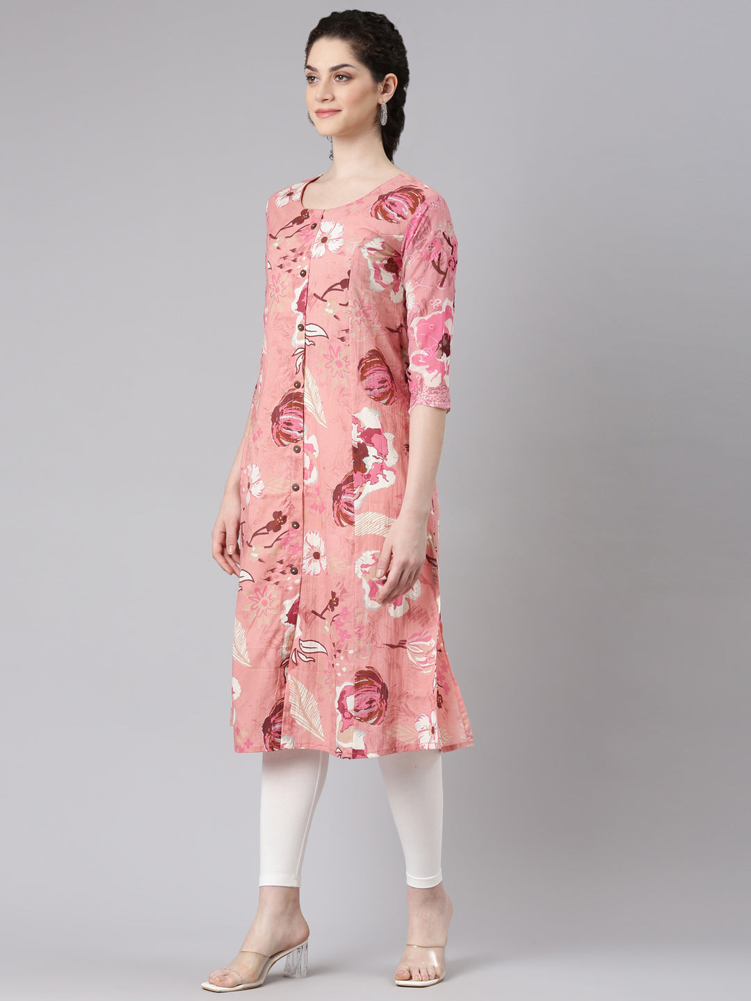 Neerus Pink cotton printed kurta curved silhouette - back view