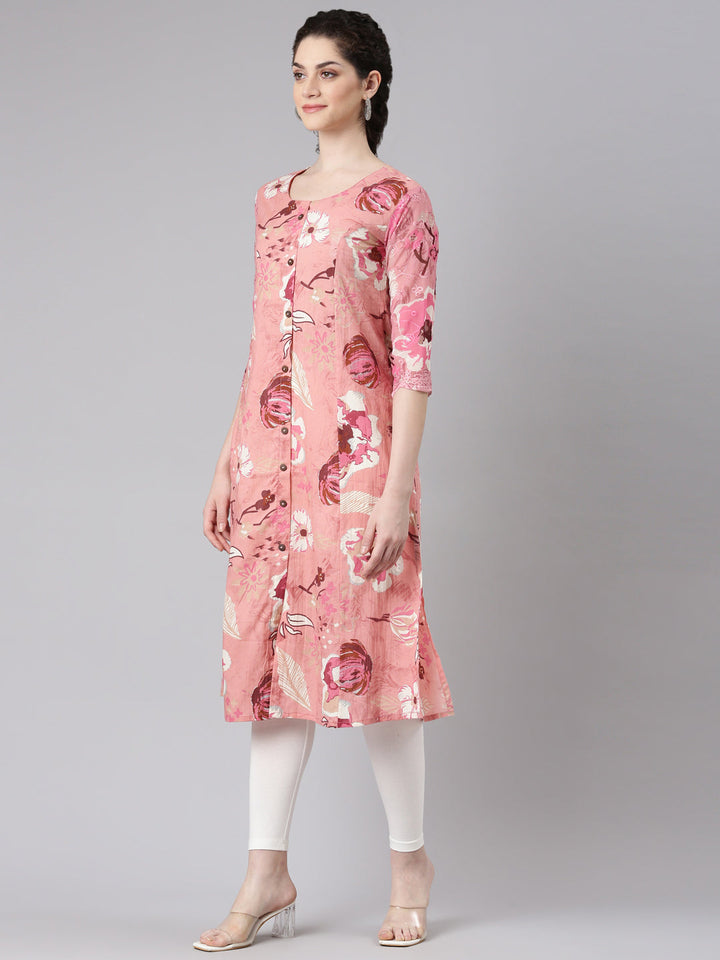 Neerus Pink cotton printed kurta curved silhouette - back view