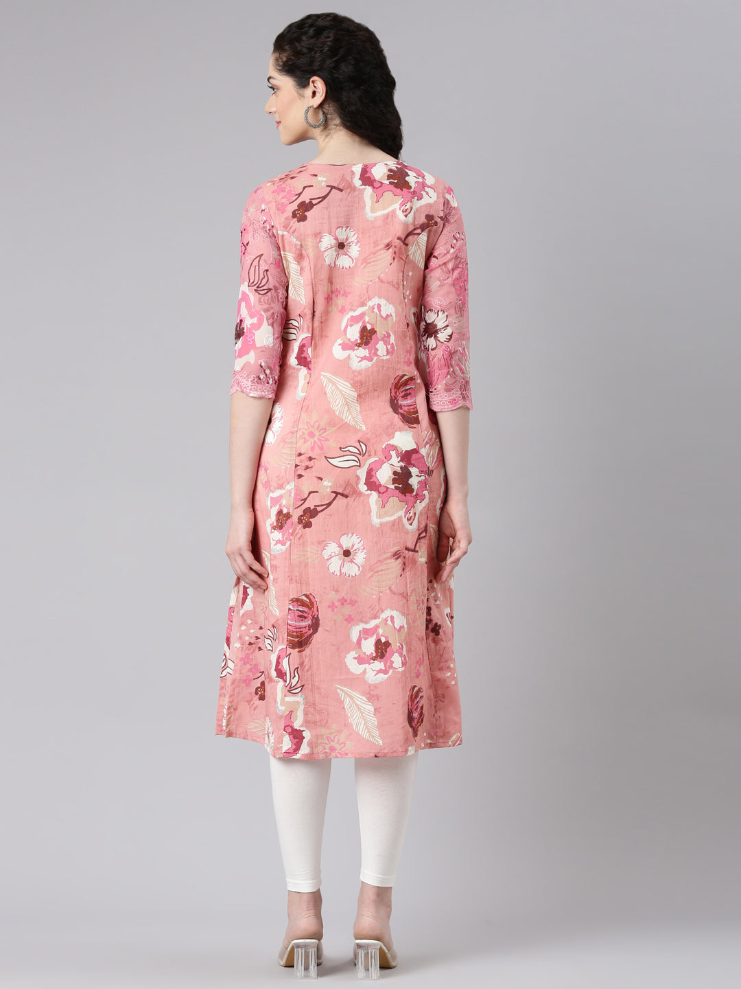 Neerus Pink cotton printed kurta curved silhouette - side view