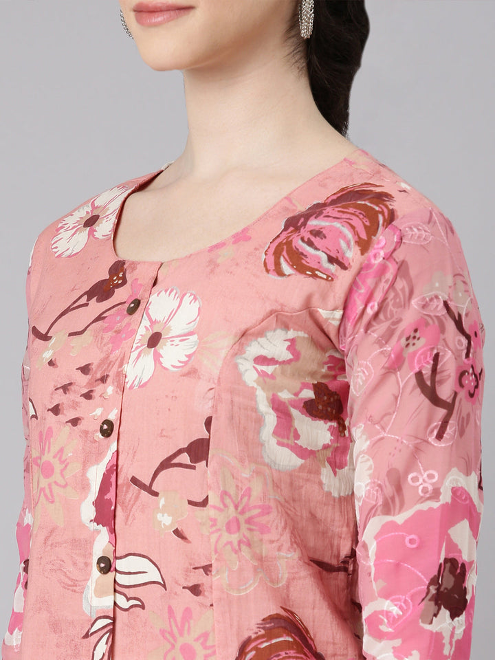 Neerus Pink cotton printed kurta curved silhouette - detail view 1
