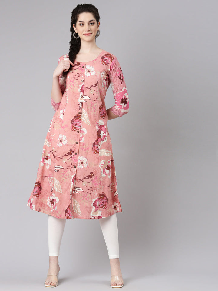 Neerus Pink cotton printed kurta curved silhouette - detail view 2