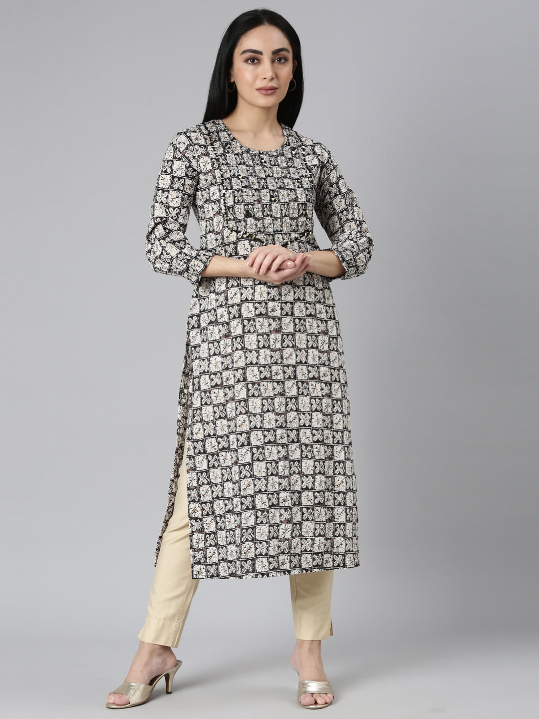 Neerus Black cotton printed kurti - front view