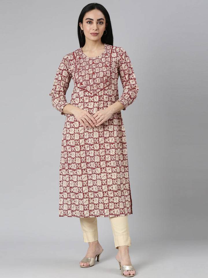 Neerus Maroon rayon printed straight kurti - front view
