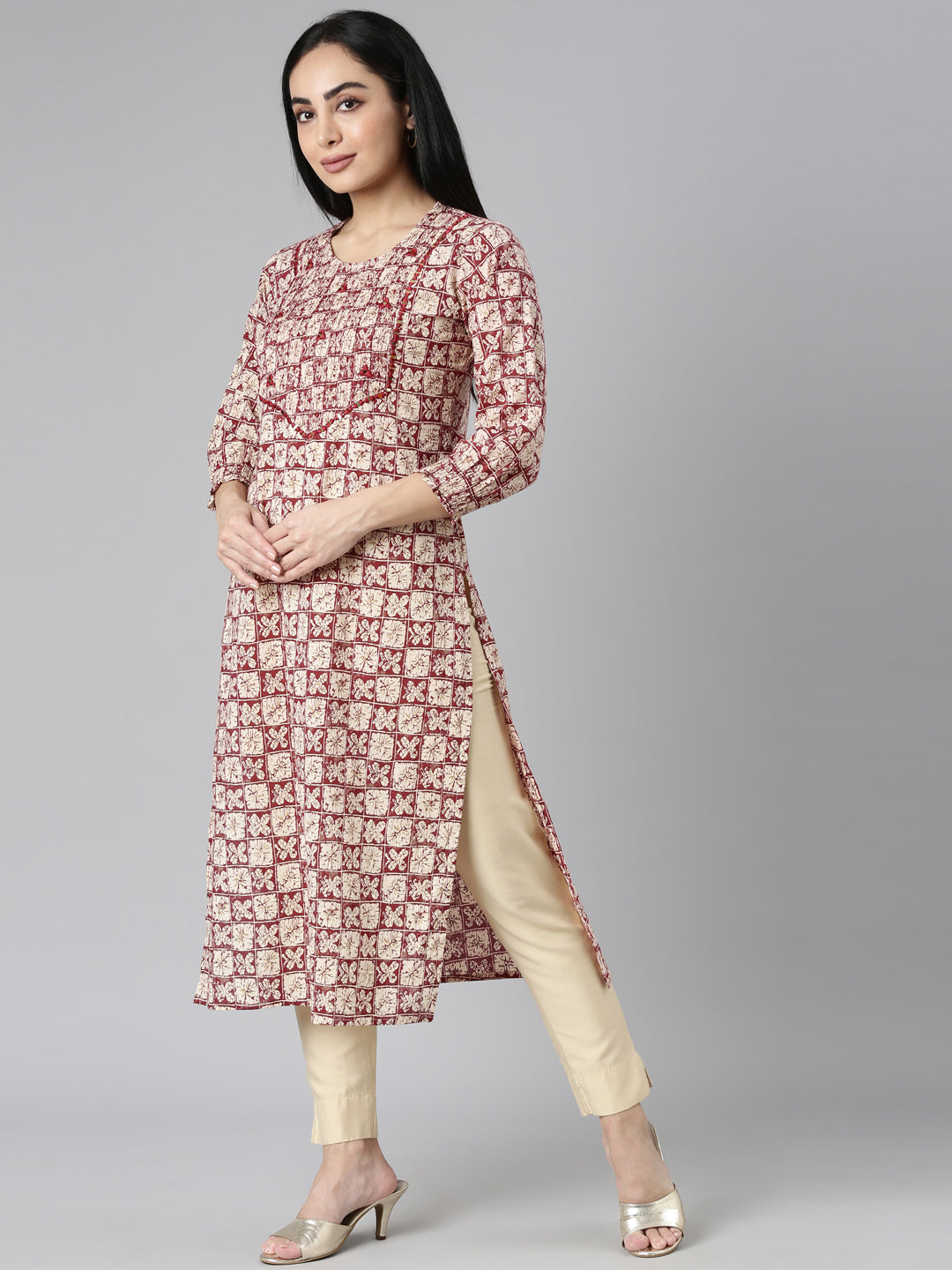 Neerus Maroon rayon printed straight kurti - back view