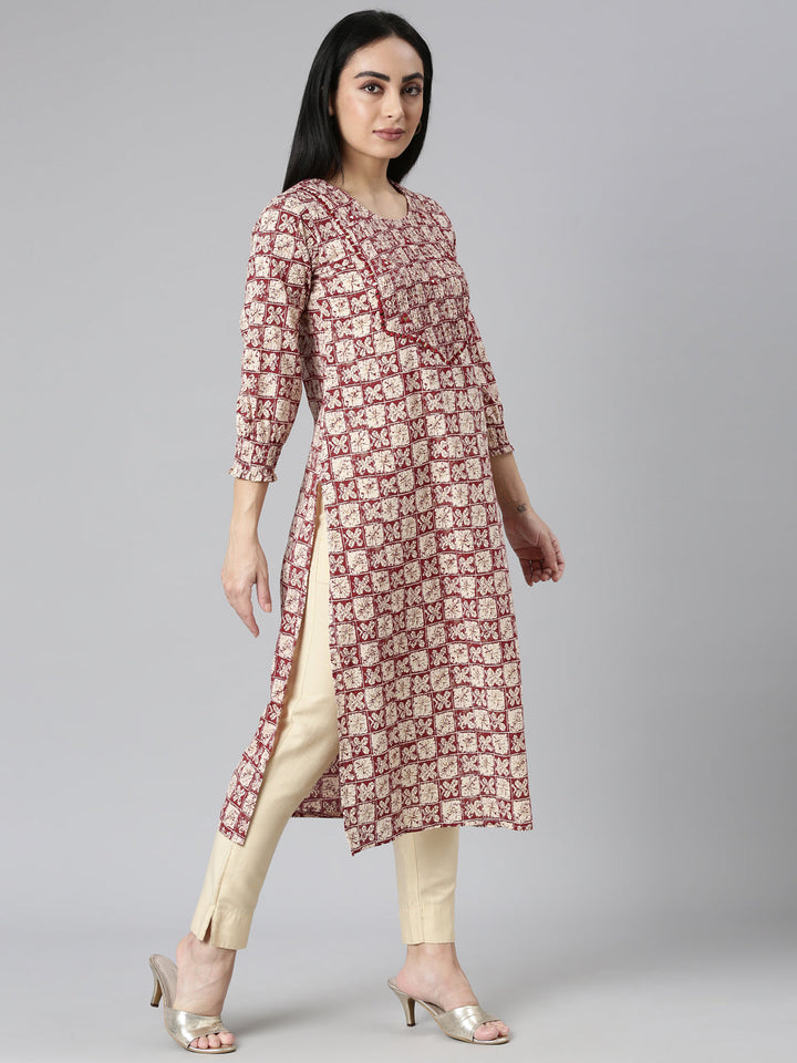 Neerus Maroon rayon printed straight kurti - side view