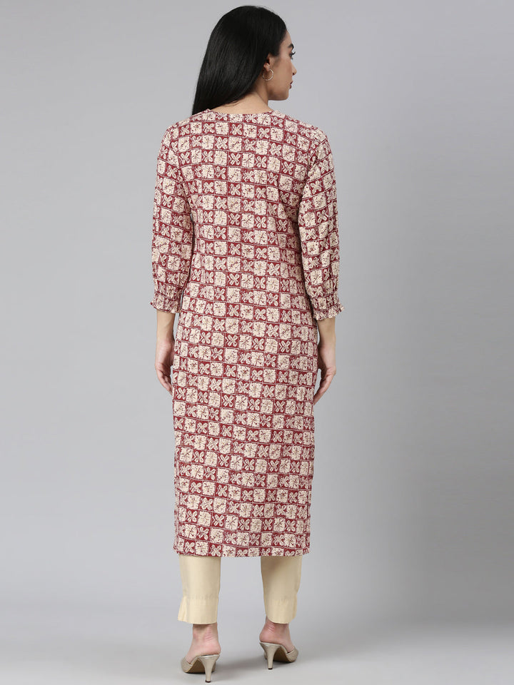 Neerus Maroon rayon printed straight kurti - detail view 1