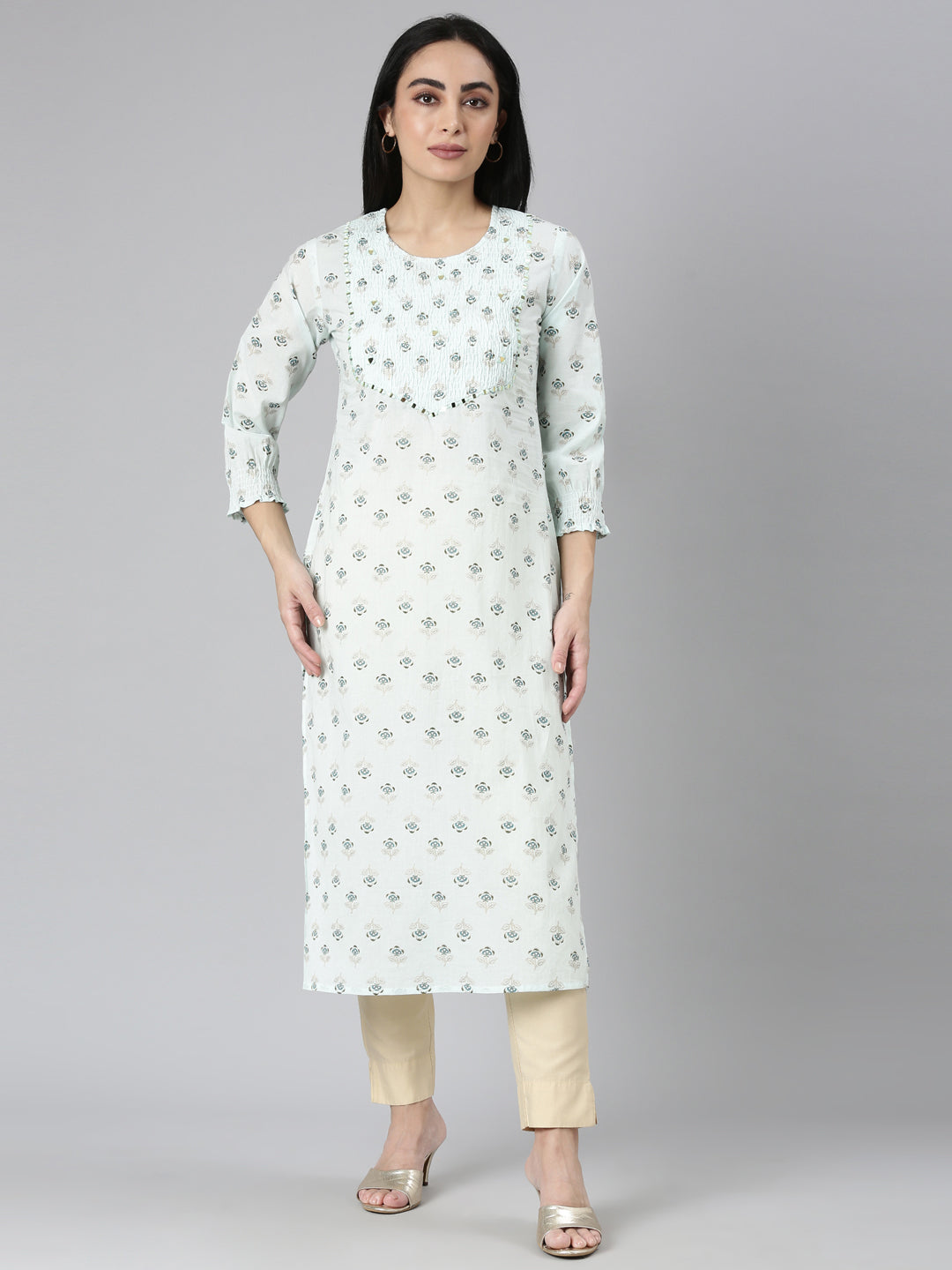 Neerus Blue cotton printed straight kurta - front view