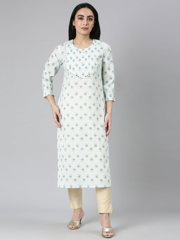 Neerus Blue cotton printed straight kurta - front view