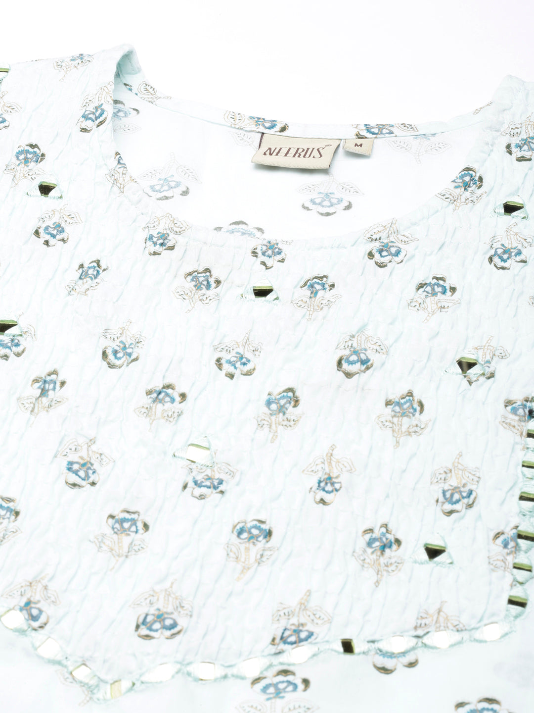 Neerus Blue cotton printed straight kurta - detail view 3