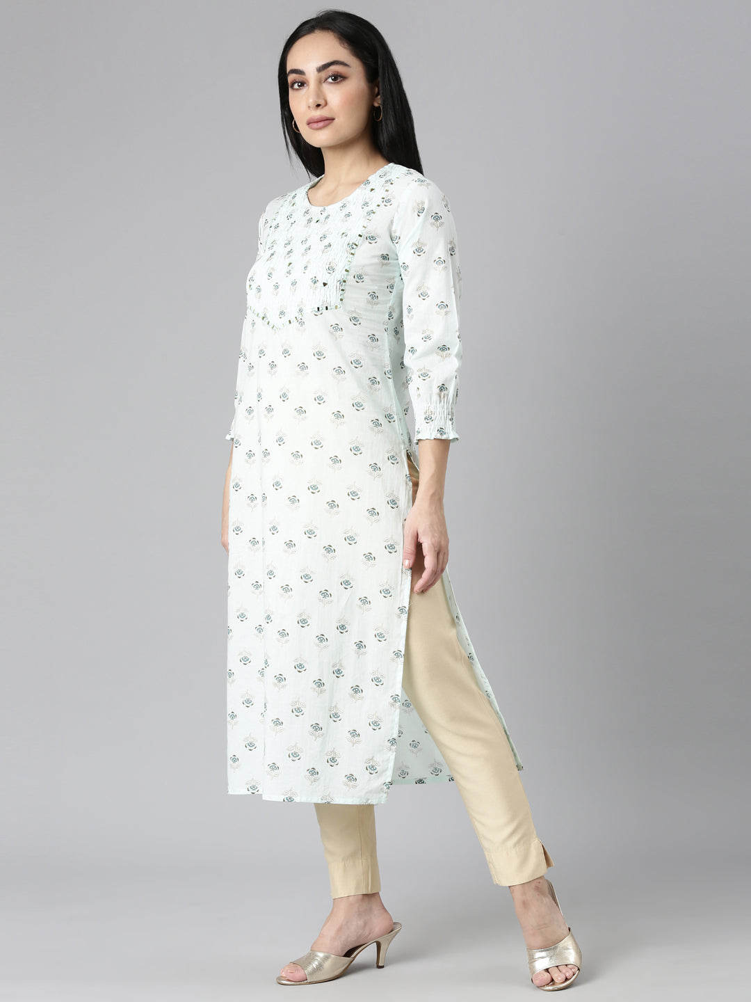 Neerus Blue cotton printed straight kurta - back view