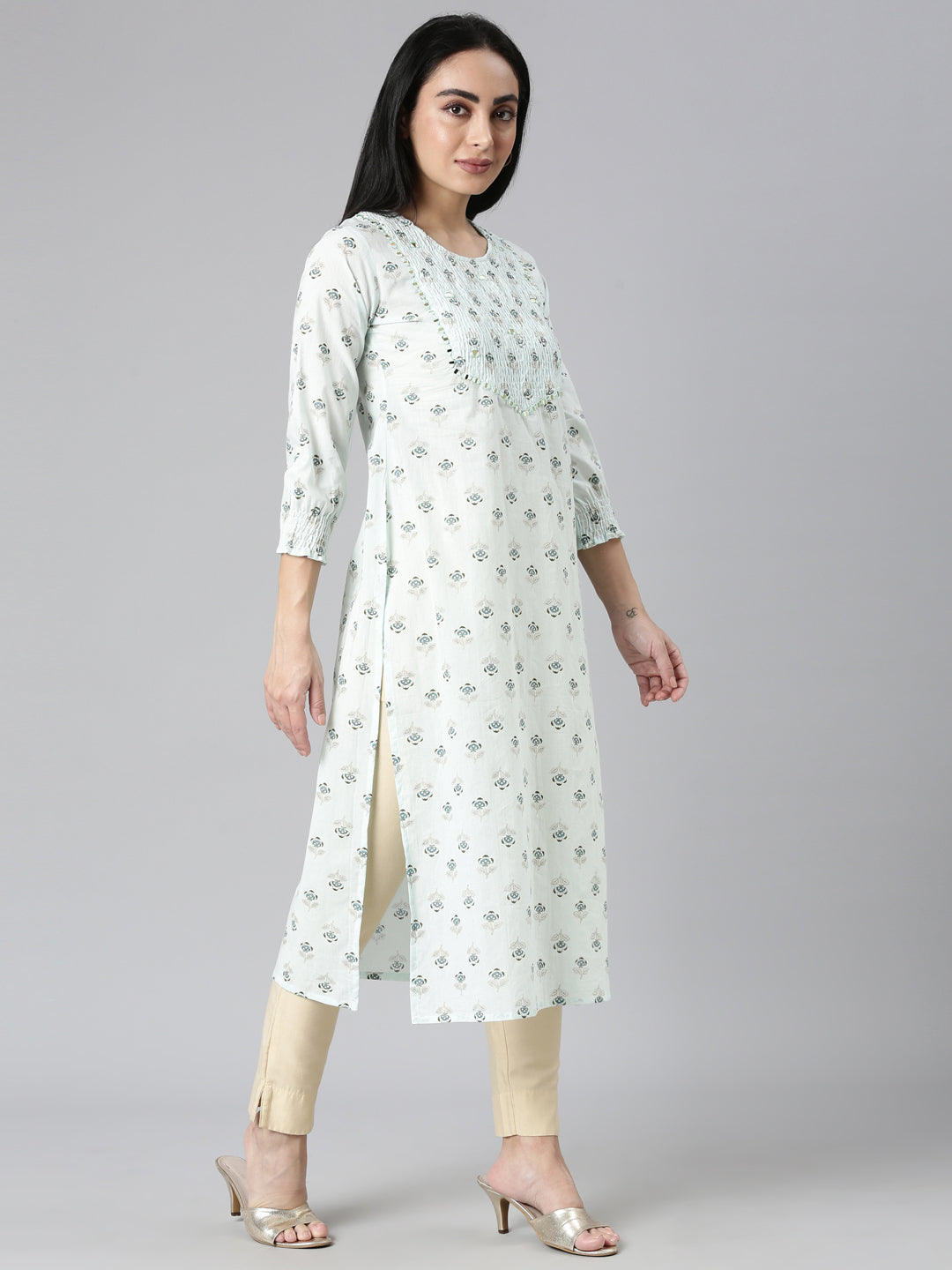 Neerus Blue cotton printed straight kurta - side view