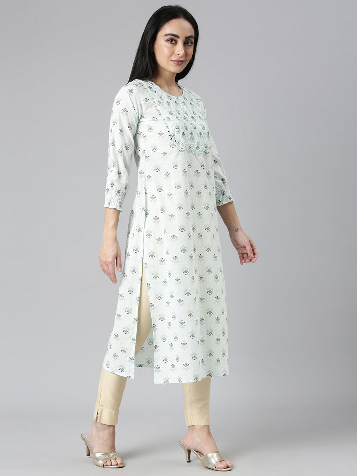 Neerus Blue cotton printed straight kurta - side view