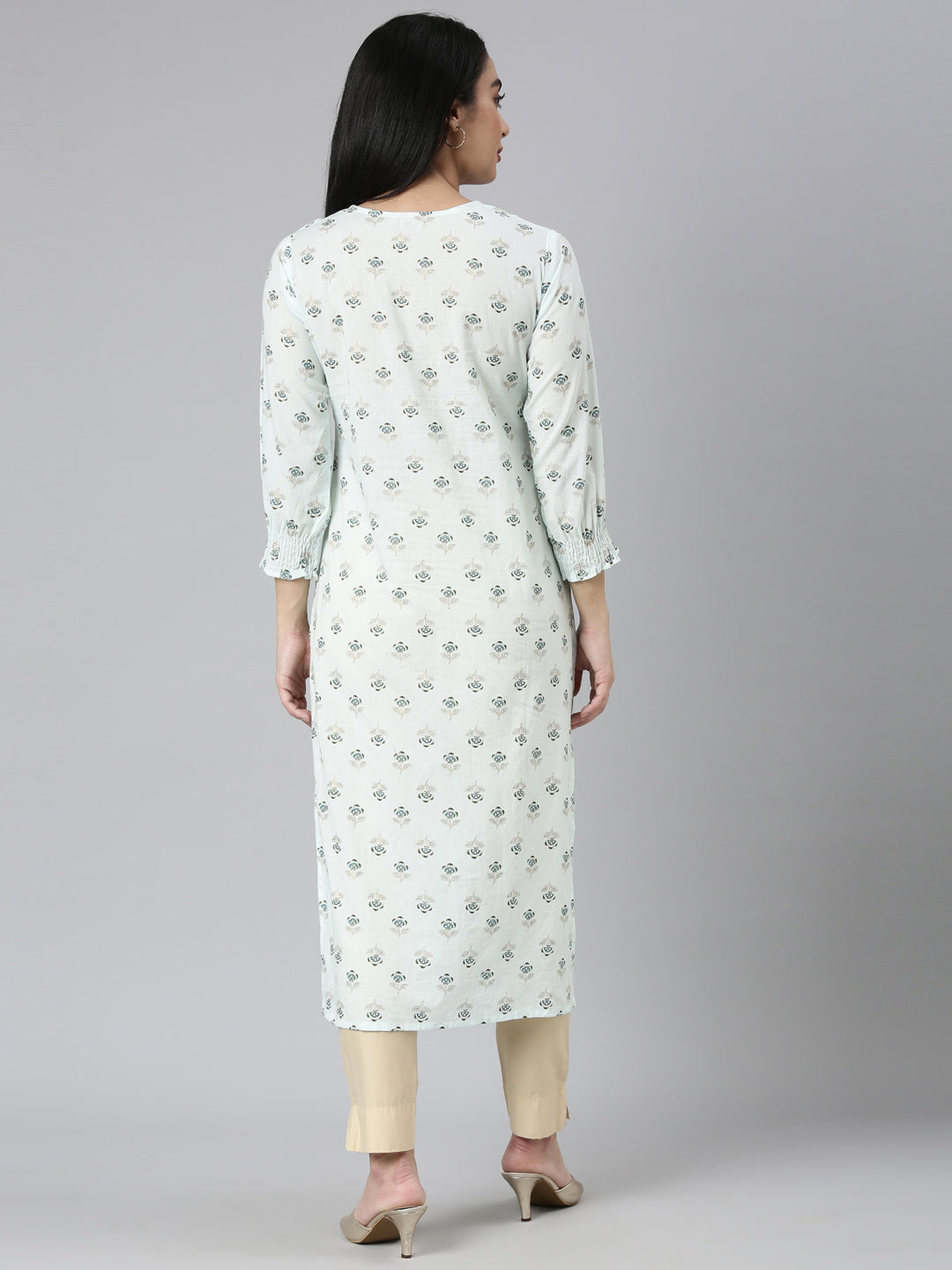 Neerus Blue cotton printed straight kurta - detail view 1