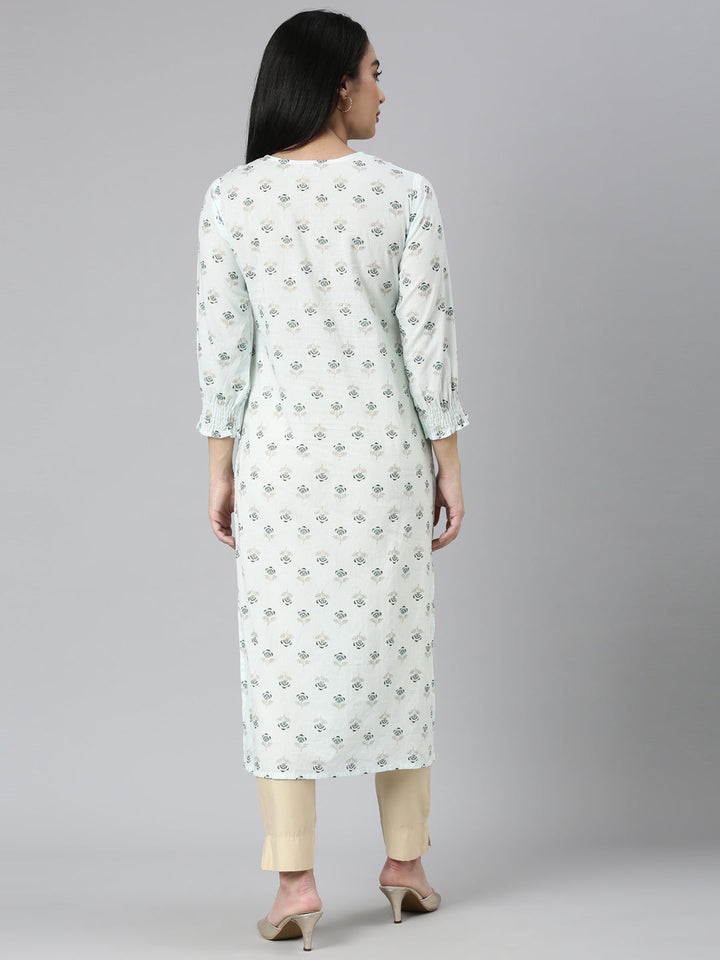 Neerus Blue cotton printed straight kurta - detail view 1