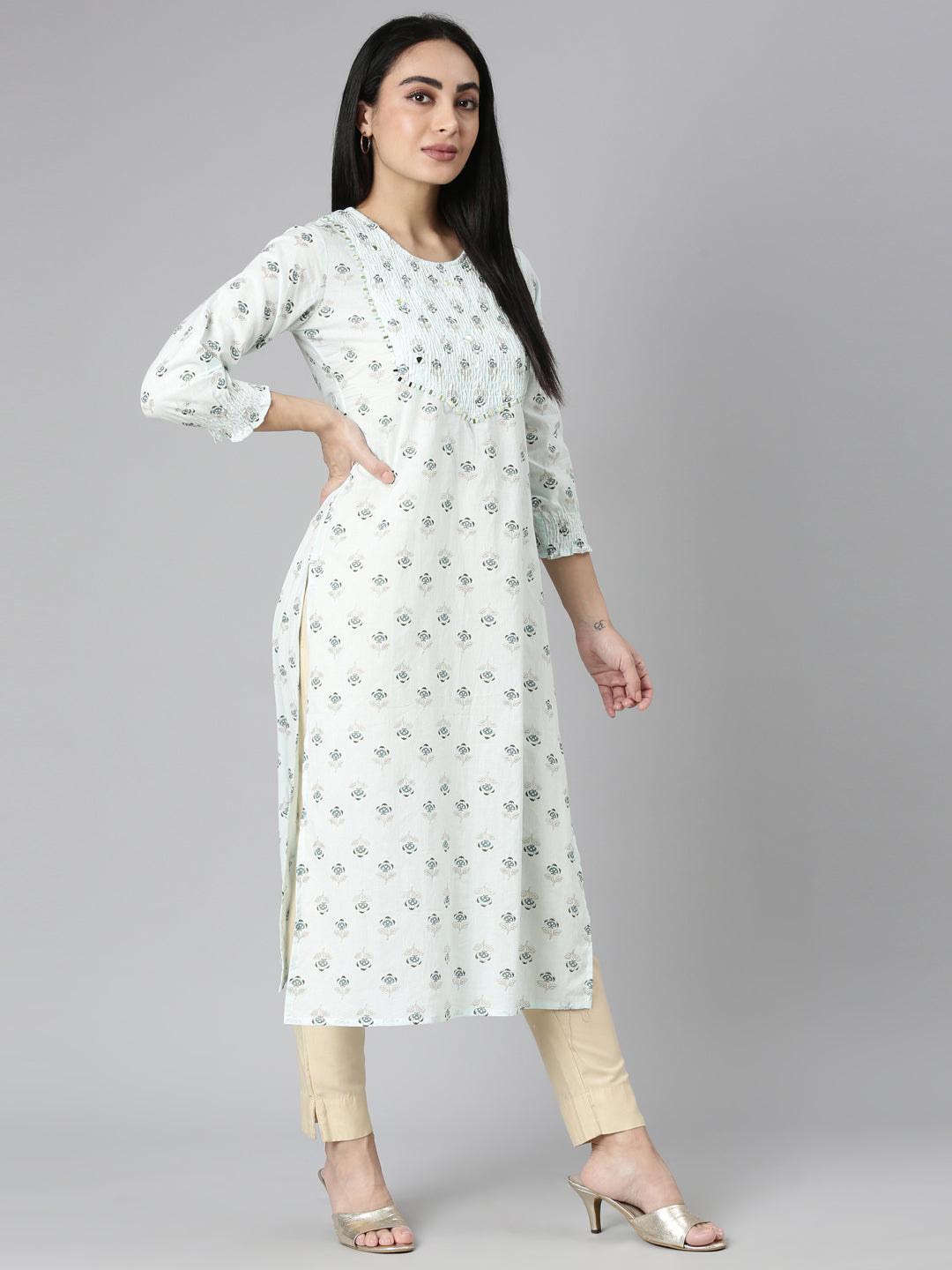 Neerus Blue cotton printed straight kurta - detail view 5