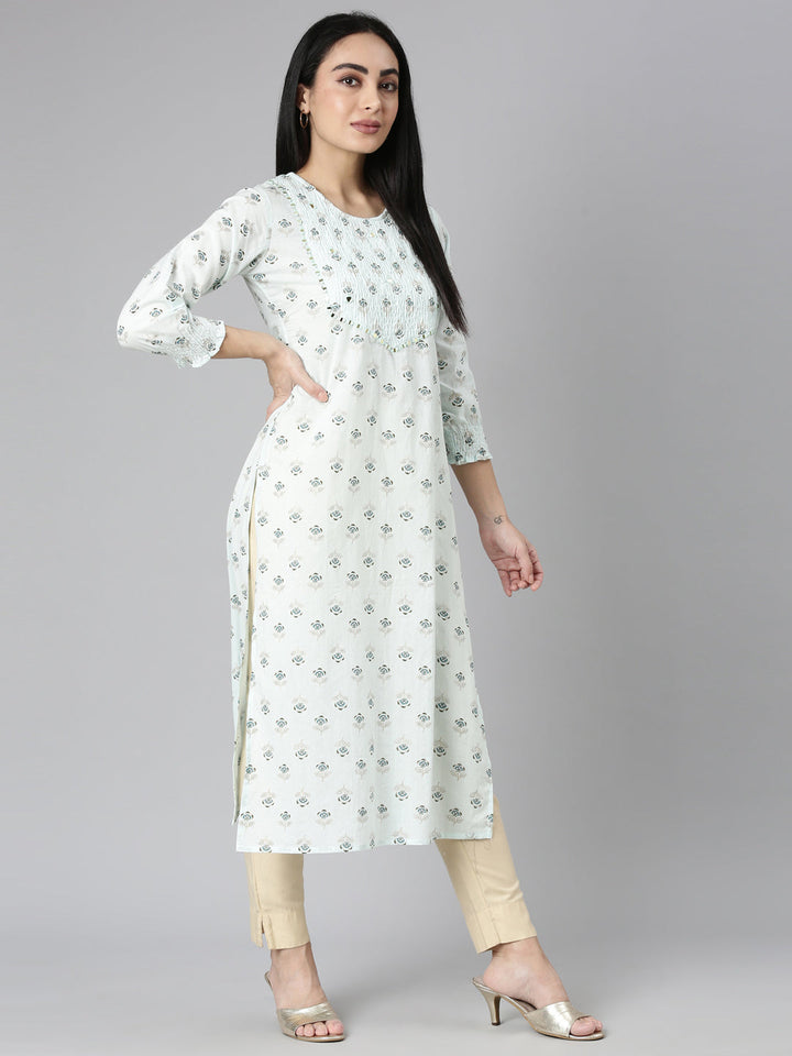 Neerus Blue cotton printed straight kurta - detail view 5