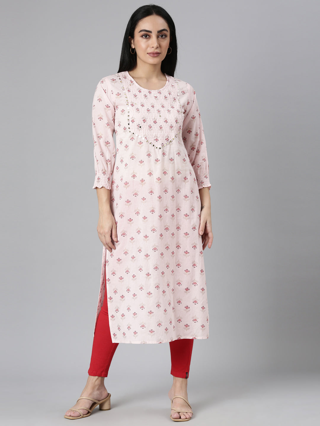 Neerus Pink cotton printed straight kurta - front view