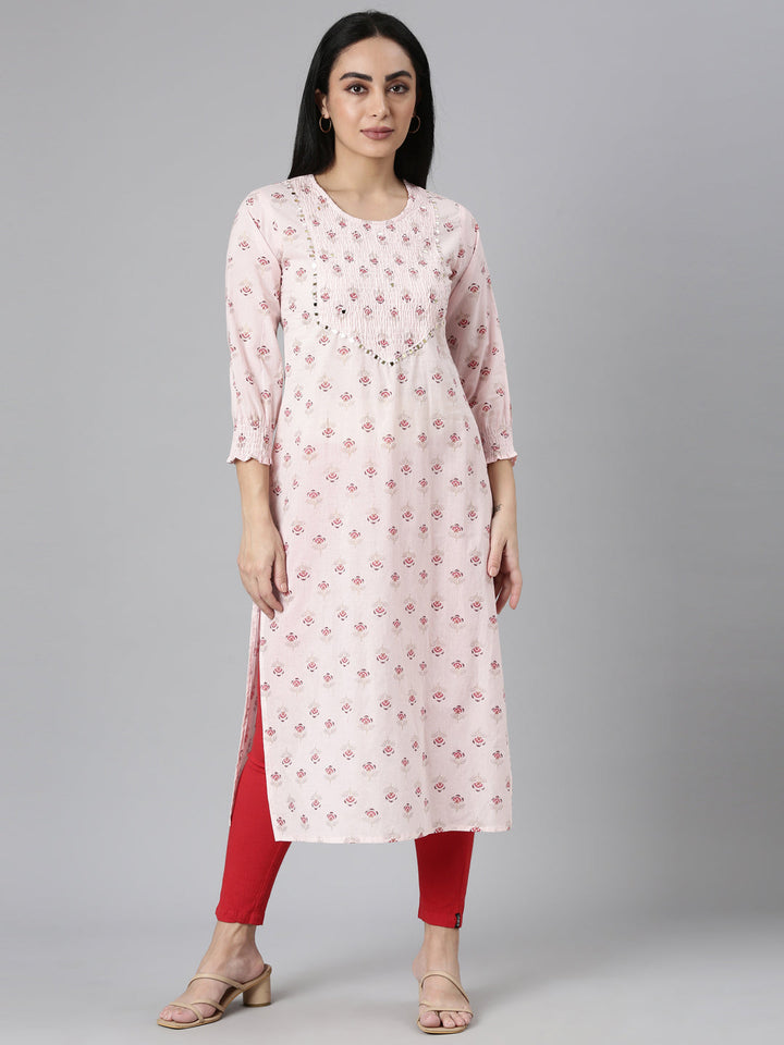 Neerus Pink cotton printed straight kurta - front view