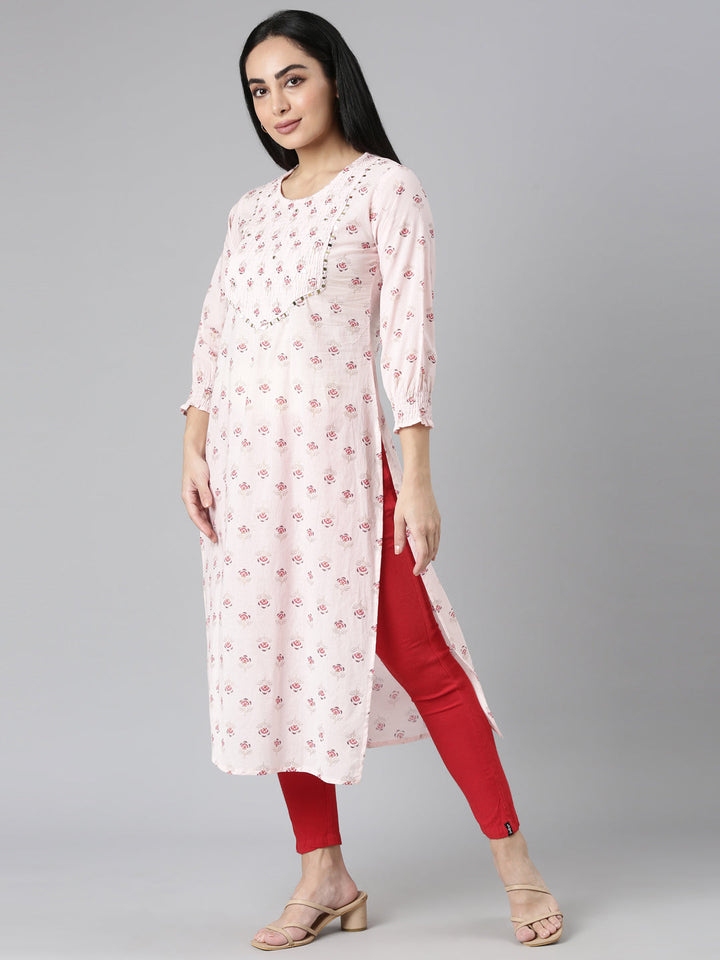 Neerus Pink cotton printed straight kurta - back view