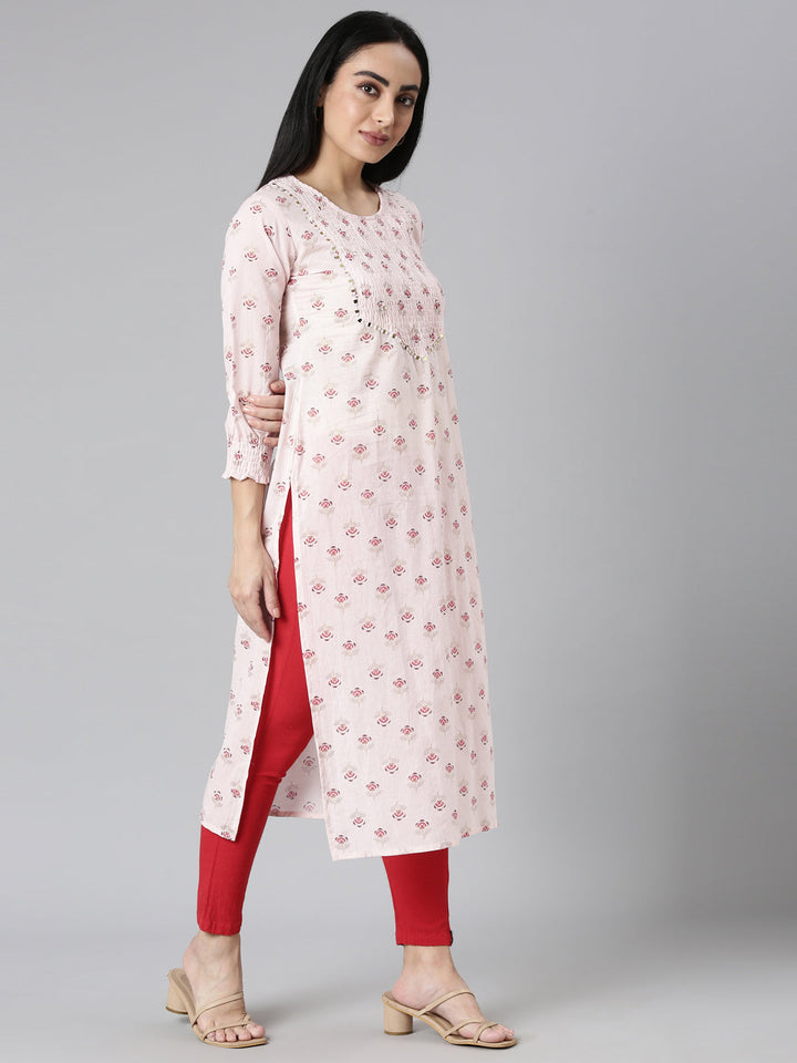 Neerus Pink cotton printed straight kurta - side view