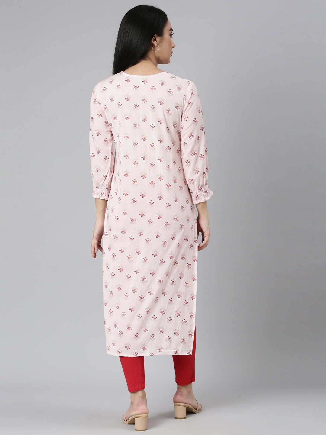 Neerus Pink cotton printed straight kurta - detail view 1