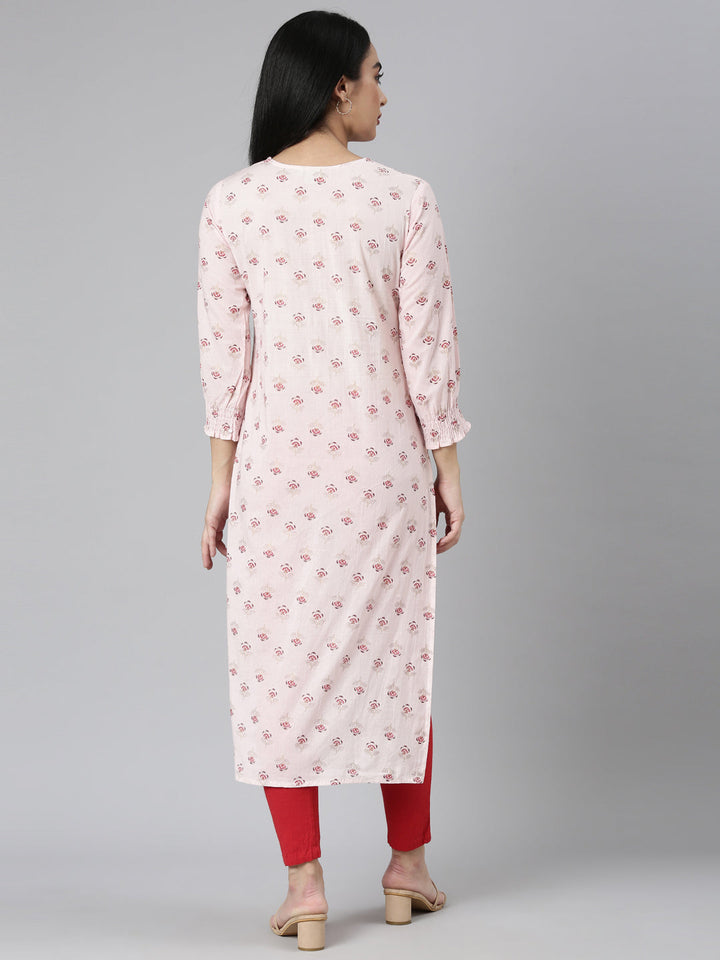 Neerus Pink cotton printed straight kurta - detail view 1