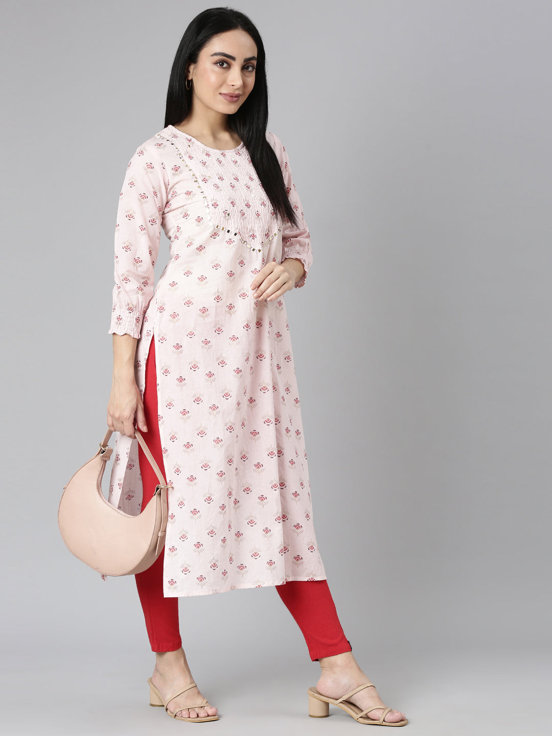 Neerus Pink cotton printed straight kurta - detail view 5