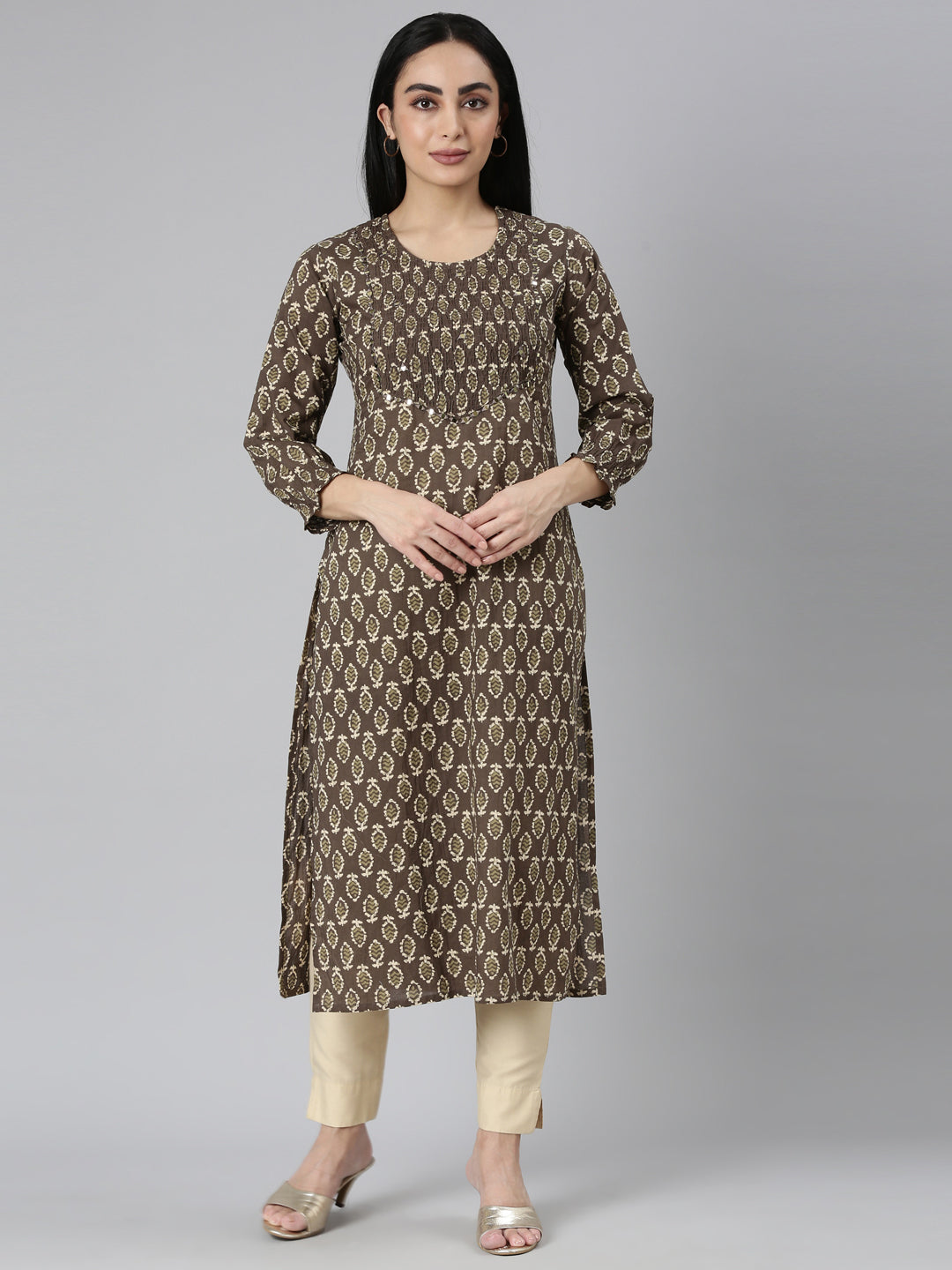 Neerus Brown cotton printed straight kurta - front view