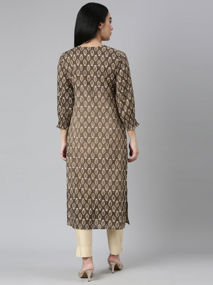 Neerus Brown cotton printed straight kurta - detail view 1