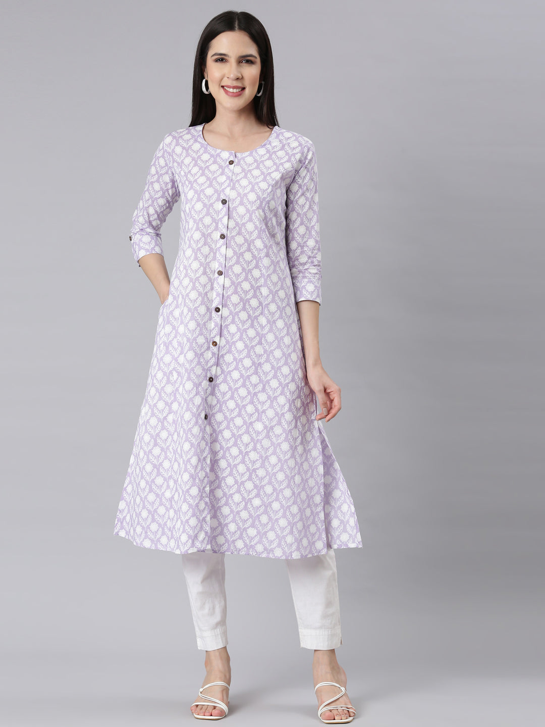 Neerus Purple floral printed straight kurti - front view