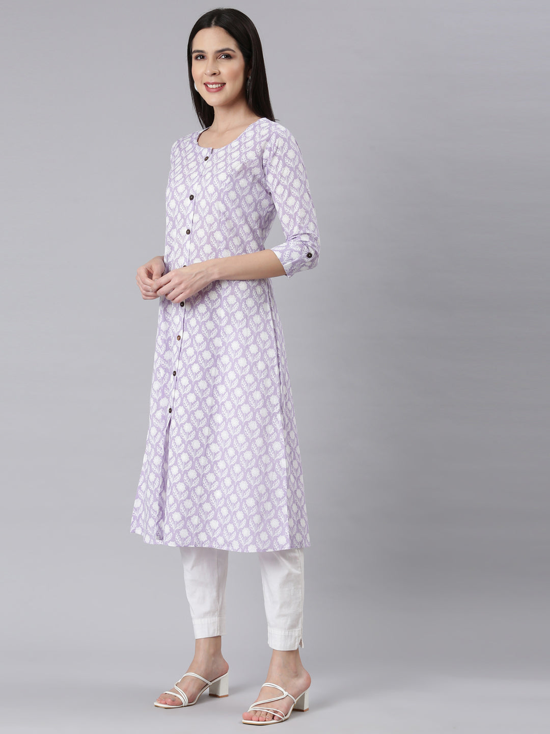 Neerus Purple floral printed straight kurti - back view