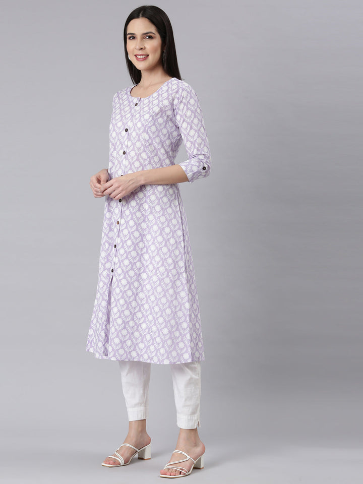 Neerus Purple floral printed straight kurti - back view
