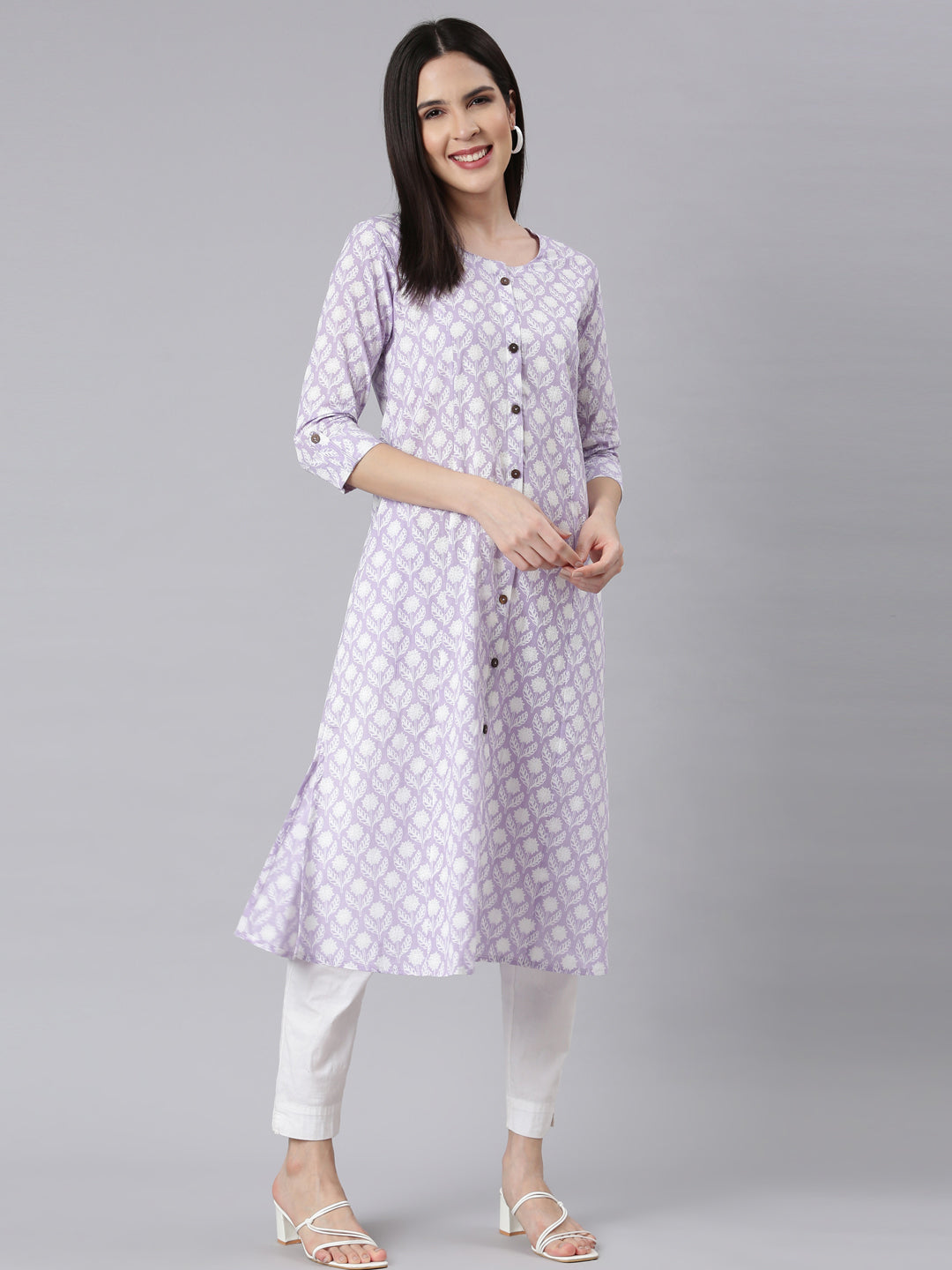 Neerus Purple floral printed straight kurti - detail view 1