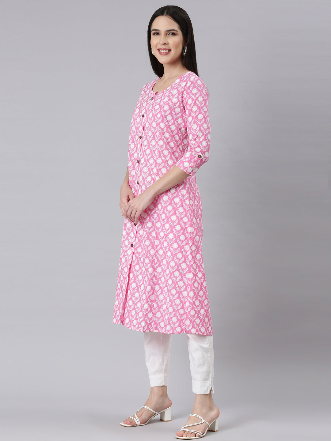 Neerus Pink floral printed straight kurti panelled - back view