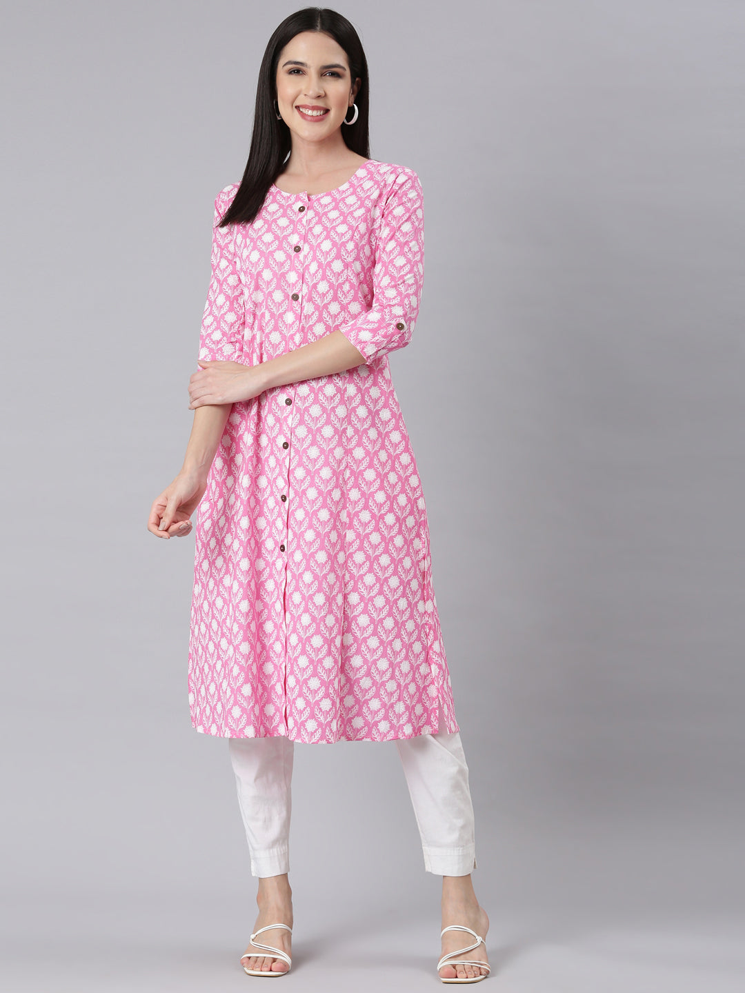 Neerus Pink floral printed straight kurti panelled - detail view 1