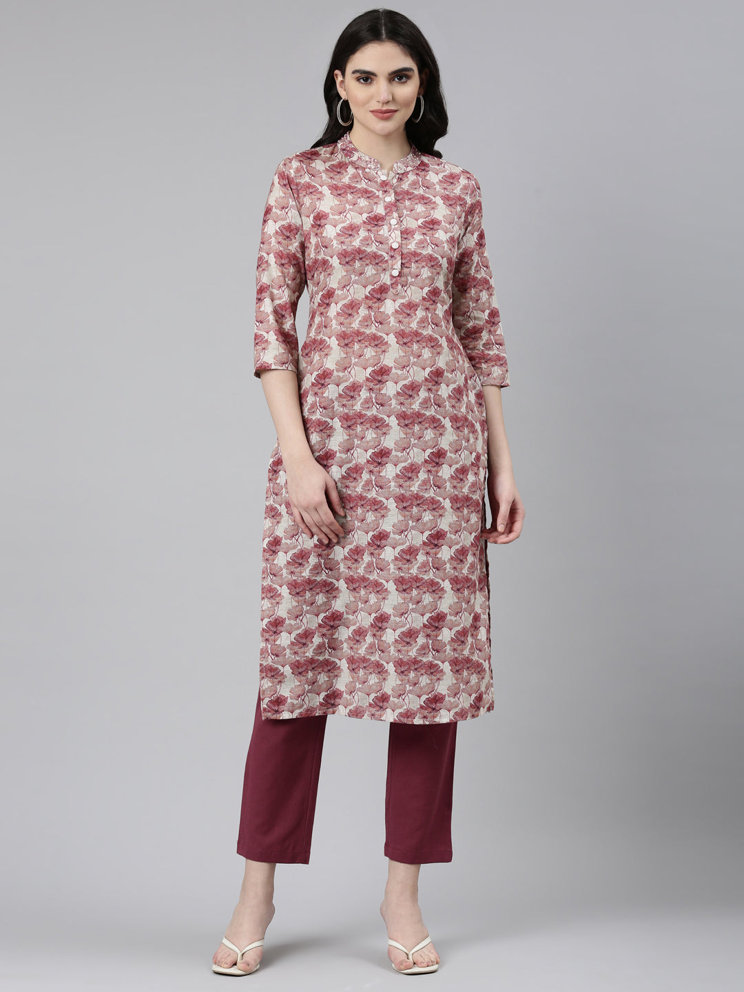 Neerus Pink printed straight kurta set with trouser - front view