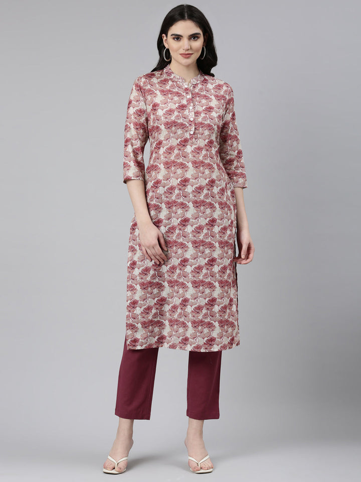 Neerus Pink printed straight kurta set with trouser - front view