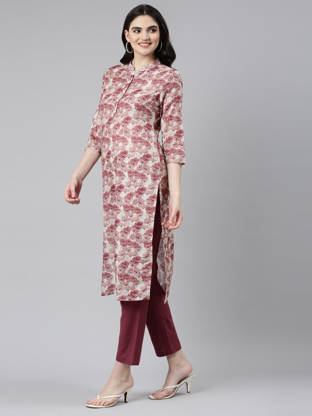 Neerus Pink printed straight kurta set with trouser - back view