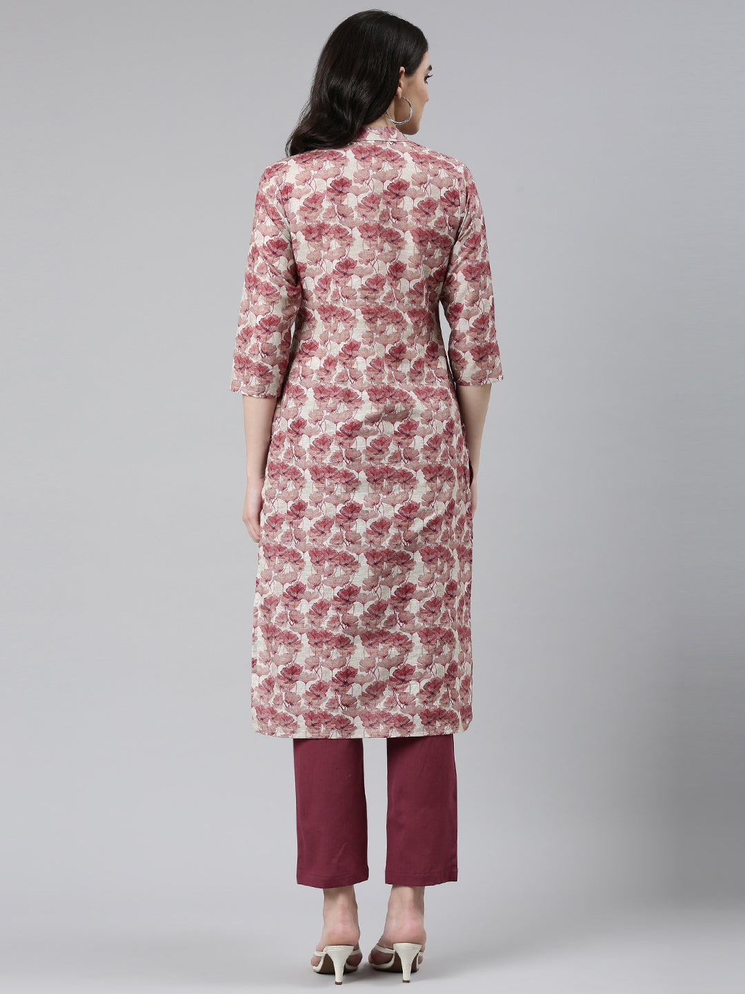 Neerus Pink printed straight kurta set with trouser - side view